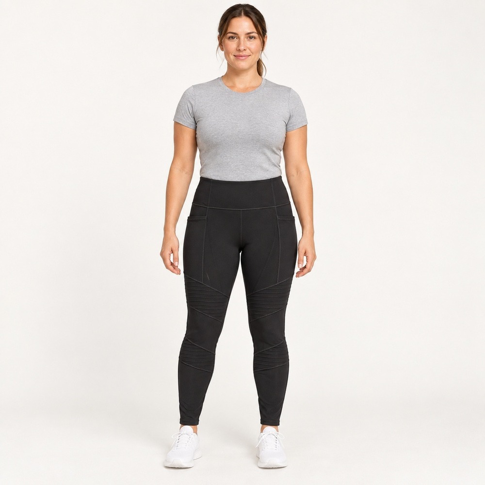 Athleta Salutation Moto Tight Black High Rise Ribbed Leggings Pockets Large